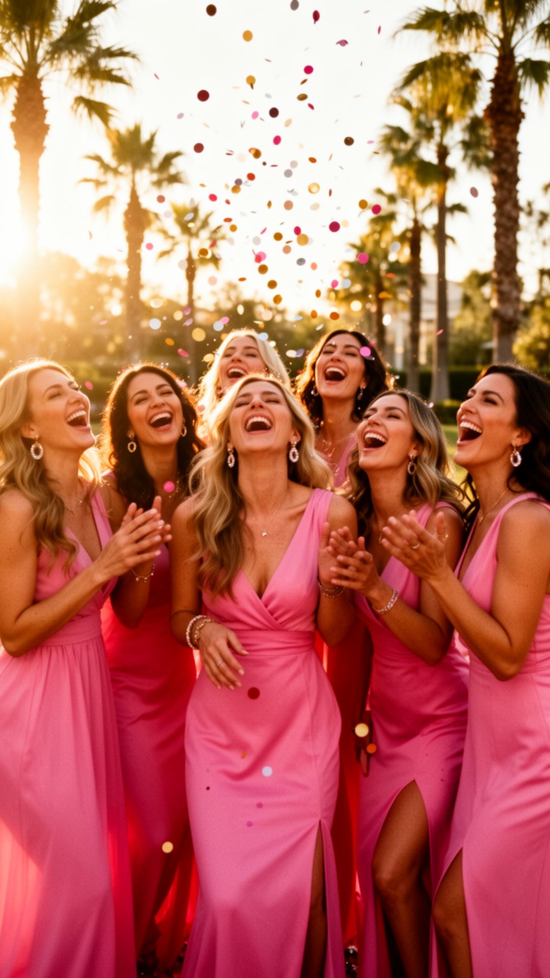 Group of women in matching pink dresses laughing in golden hour