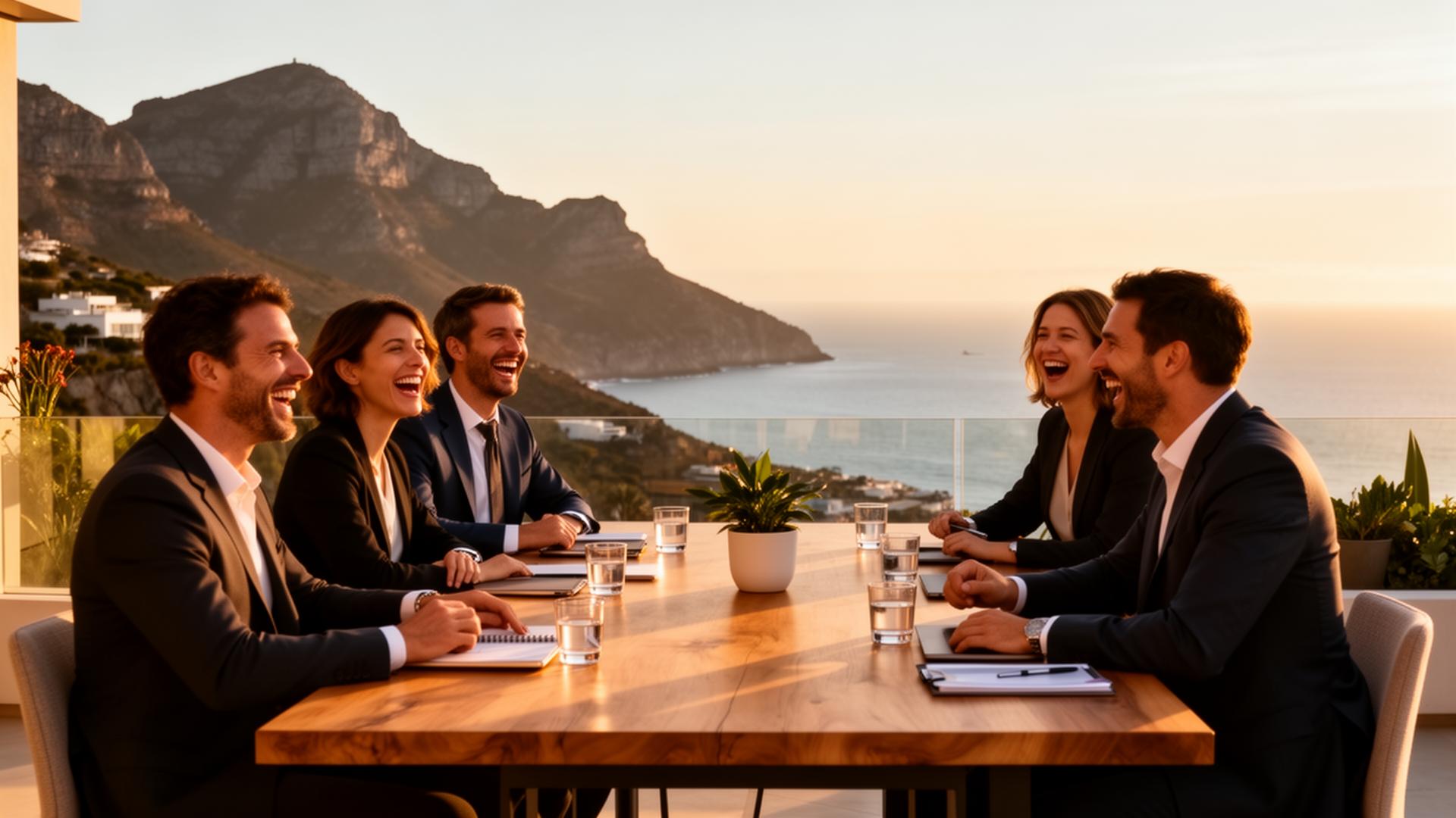Executive team laughing on a sunlit terrace overlooking mountains and ocean