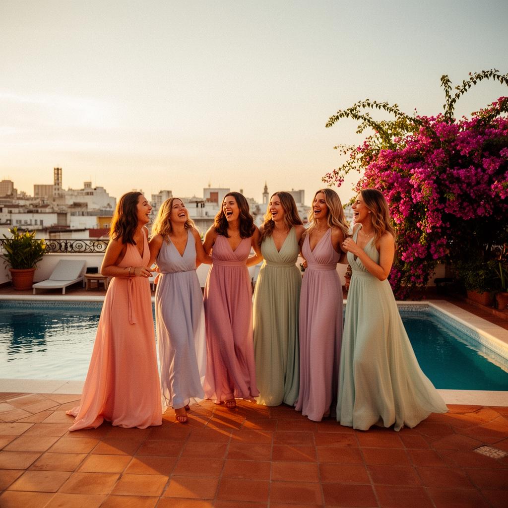 Group of women laughing on a sunset rooftop pool