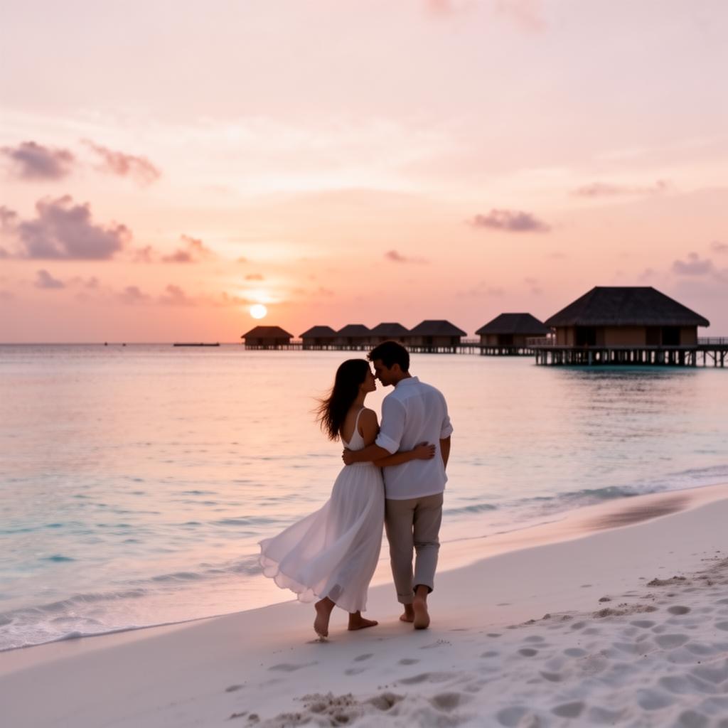 Couple on a beach at sunset with overwater bungalows