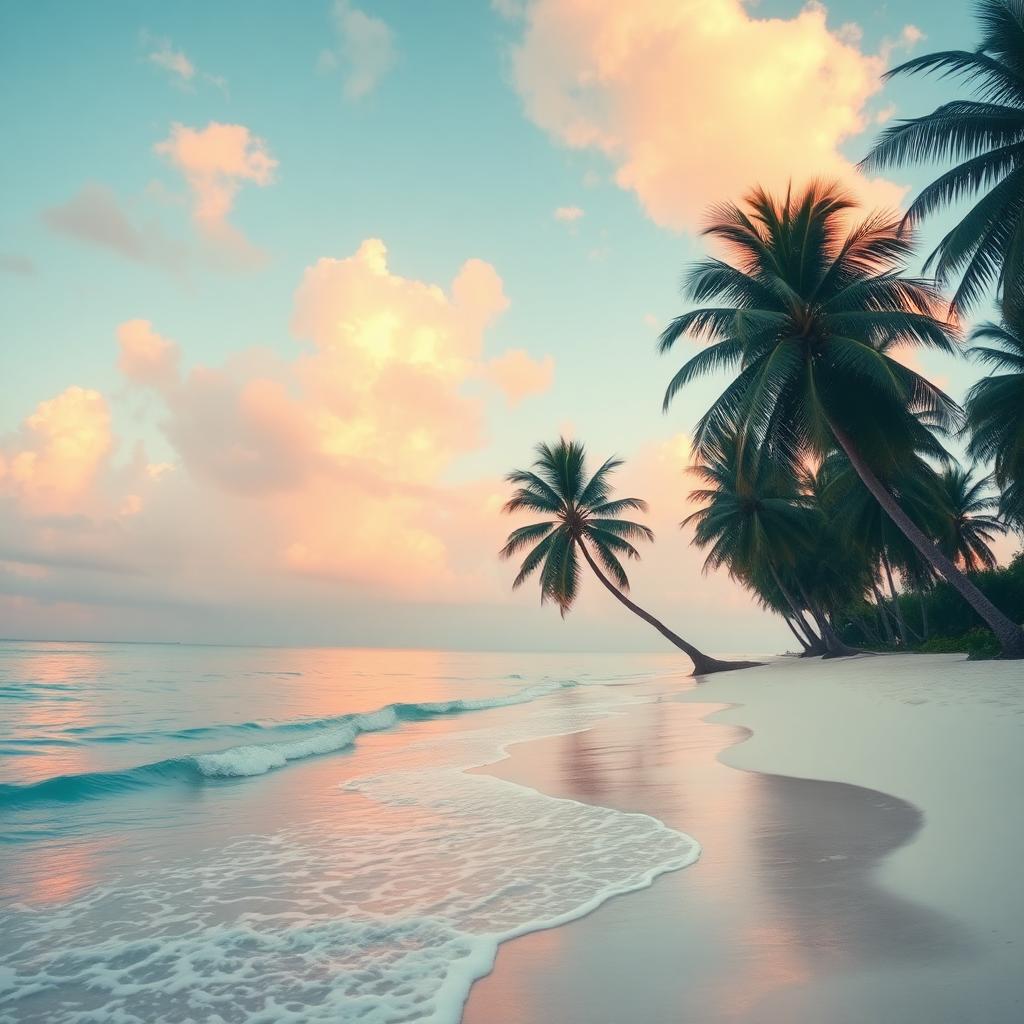 Dreamy tropical beach at golden hour with palm trees and turquoise water
